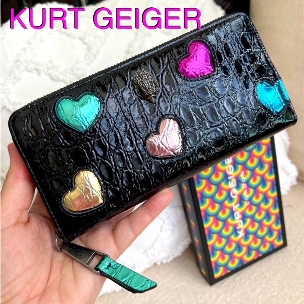 KURT GEIGER Love Hearts Patent croc Embossed leather continental Wallet black